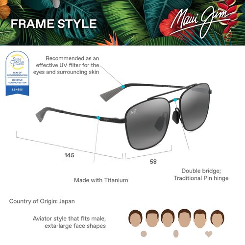 Maui Jim Piwai AF Square Sunglasses, Matte Black W/Grey/Neutral Grey Polarized, Extra Large