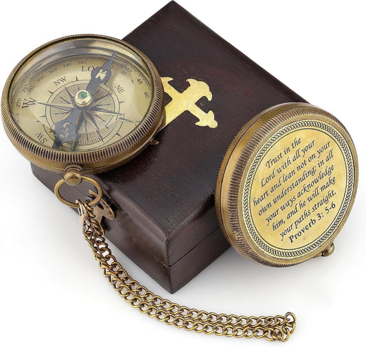 God is My Guide Brass Compass Gift with Display Box - Engraved Scripture Prayer Compass Religious Gift for Men & Women - Baptism, Confirmation, Communion Compass for Boys Graduation Gift