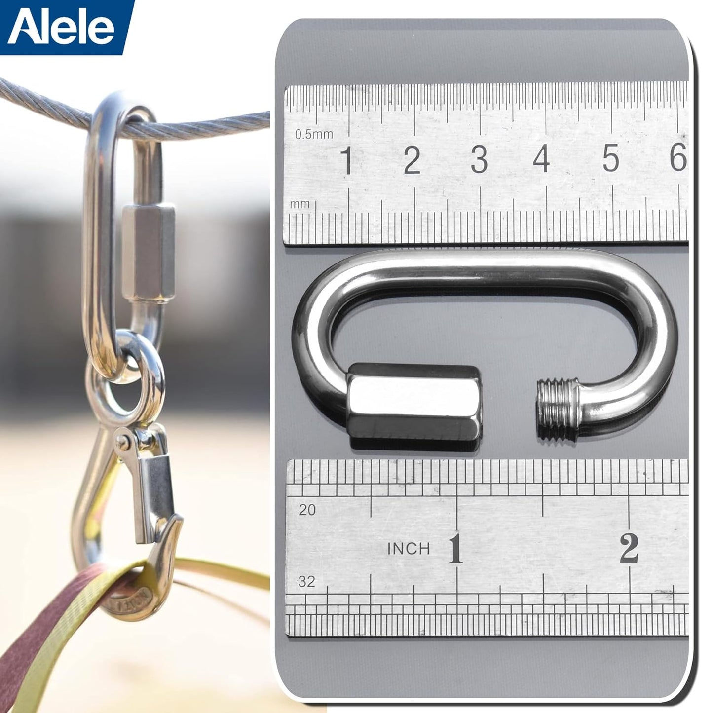 Alele D-Shape Locking Carabiner M4 Stainless Steel Quick Link Chain Connector Keychain Ring Buckle 10 Pack