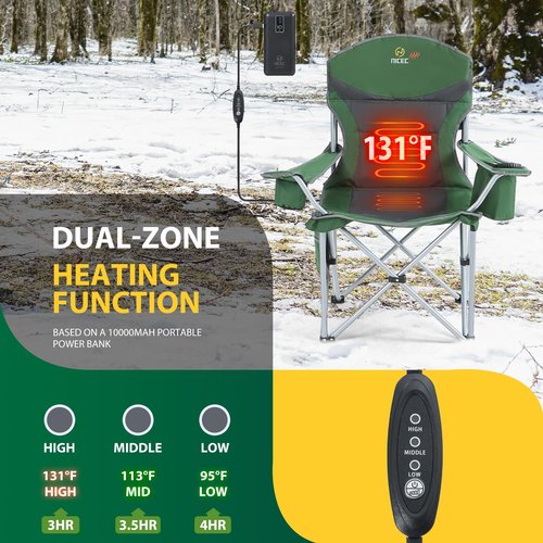 Nice C Heated Camping Chair with Battery, Heated Outdoor Sports Chair, Folding Chairs, with Cooler Bag, Cup Holder, Carry Bag, 10000 mAh Power Bank Included (Green&Grey 1-P)