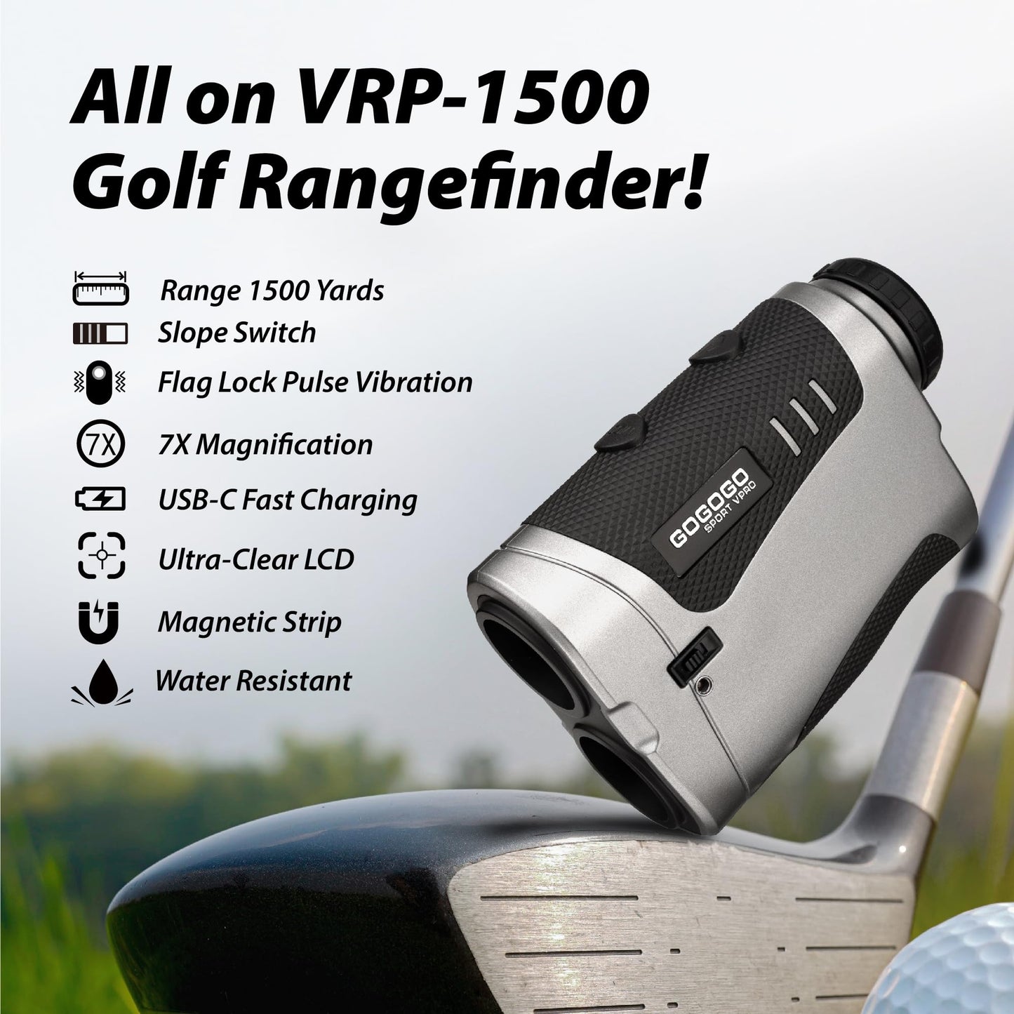 Gogogo Sport Vpro VRP Golf Rangefinder with Slope Switch, 1500/2500 yd, 7X Magnification, Magnet Stripe, ±0.3yd Accuracy, Rechargeable Range Finders for Golfing/Hunting,Golf Accessories