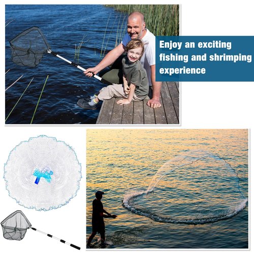 Relaxgiant 6 Pcs Fishing Net Trap Portable Folded, Crab Trap Minnow Trap, Fishing Landing Net with Telescoping Pole Handle, Casting Net Bait Trap with Heavy Duty Sinker and Storage Bucket