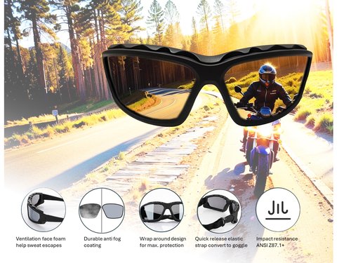 SOL PRO Powersport Sunglasses, Motorcycle Riding Safety Goggles, UV400 Anti-Fog, Dust-Resistant, Wraparound, Fit Men Women, Mowing, Shooting, Hunting