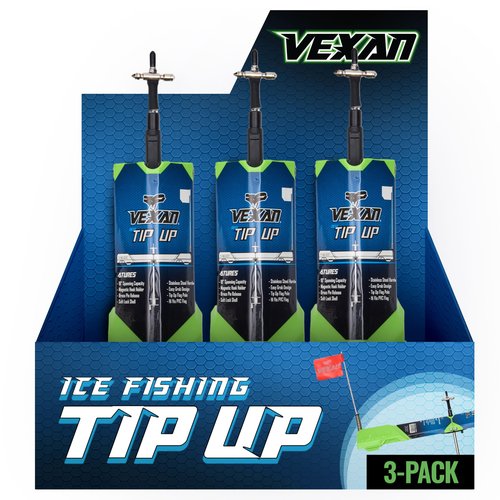 Vexan Ice Fishing Tip Up - High Visibility Green Tip Ups Ice Fishing w/Reflective Strike Indicator Flag - 18" Max Span, Easy-Deploy Ice Fishing Tip Up Hardware - Essential Ice Fishing Gear (3-Pack)