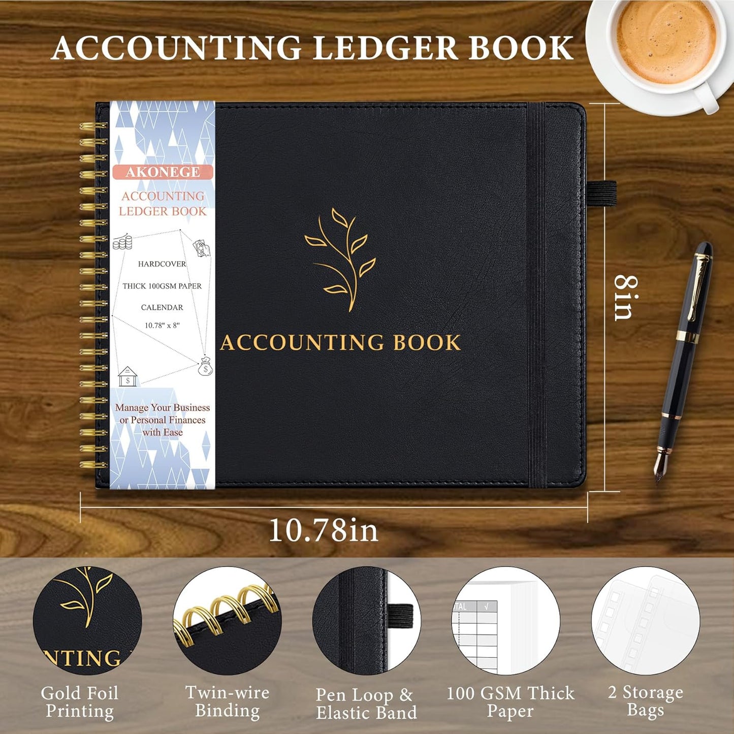 Accounting Ledger Book for Personal & Small Business Bookkeeping, Horizontal Income and Expense Tracker Notebook with Calendar, Hardcover Columnar Log Journal 10.78" x 8", Black