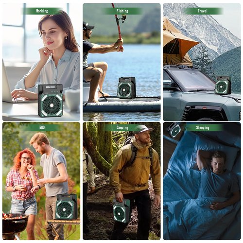 Solar Powered Portable Camping Fan,10400mAh rechargeable Solar Power Cordless Battery Fan with LED Lantern | 4 Wind Speeds Adjustable | 3 Timers Modes | Quiet , Perfect for Tent, Fishing ,Picnic
