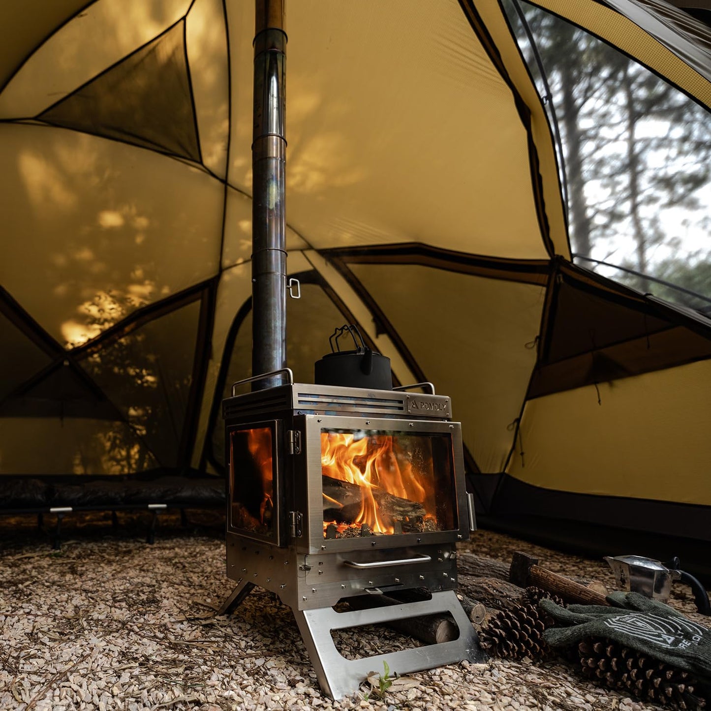 POMOLY Camping Tent Stove Wood Burning Stove, Dweller Max 3 Stainless Steel Wood Stove for Hiking, Cooking, Heating (with 3 Glasses)