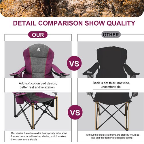 Northroad Oversized Portable Camping Chair, Full Padded Outdoor Folding Chair Support 350 LBS, Heavy Duty Lawn Chair with Cup Holder, Cooler Bag, Lumbar Support, Head Pocket for Adult (Purple)