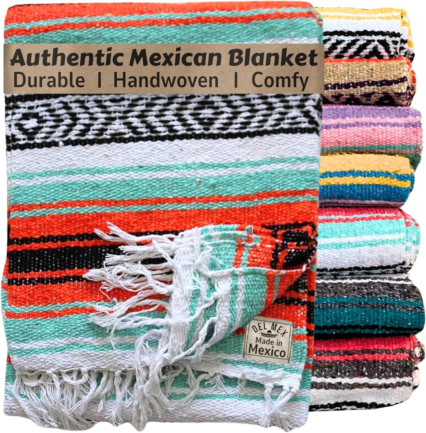 Authentic Del Mex Large Mexican Blanket - Woven Falsa Throw (70"x50") for Beach, Yoga & Outdoor Decor - Pink/Tan