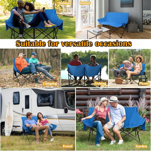 HaSteeL Folding Camping Chair, Portable Double Outdoor Loveseat for 2 Adults Person, Durable Foldable Collapsible Chairs for Camp Patio Picnic Beach Travel, Support 600Lbs, for Women & Men, Blue