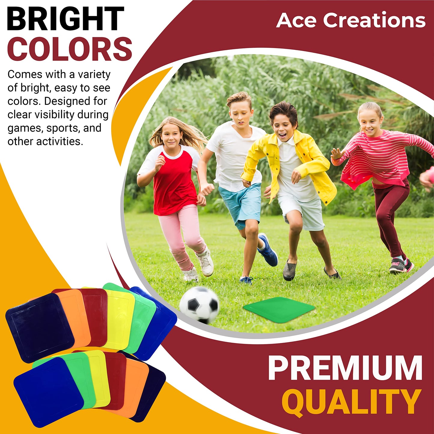Ace Creations 9 Inch Square Poly Vinyl Spot Markers – Training Drills with School Gyms, Sports Teams, Track and Field, Basketball, Football, Soccer, Baseball, Preschool, Kindergarten – Set of 12