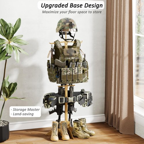 BUYYAH Tactical Military Gear Stand, Heavy Duty Tactical Gear Support Stand Helmet Vest Belt Rack, Motorcycle Helmet Holder Stand Display Organizer, Indoor Home Garage, Tan