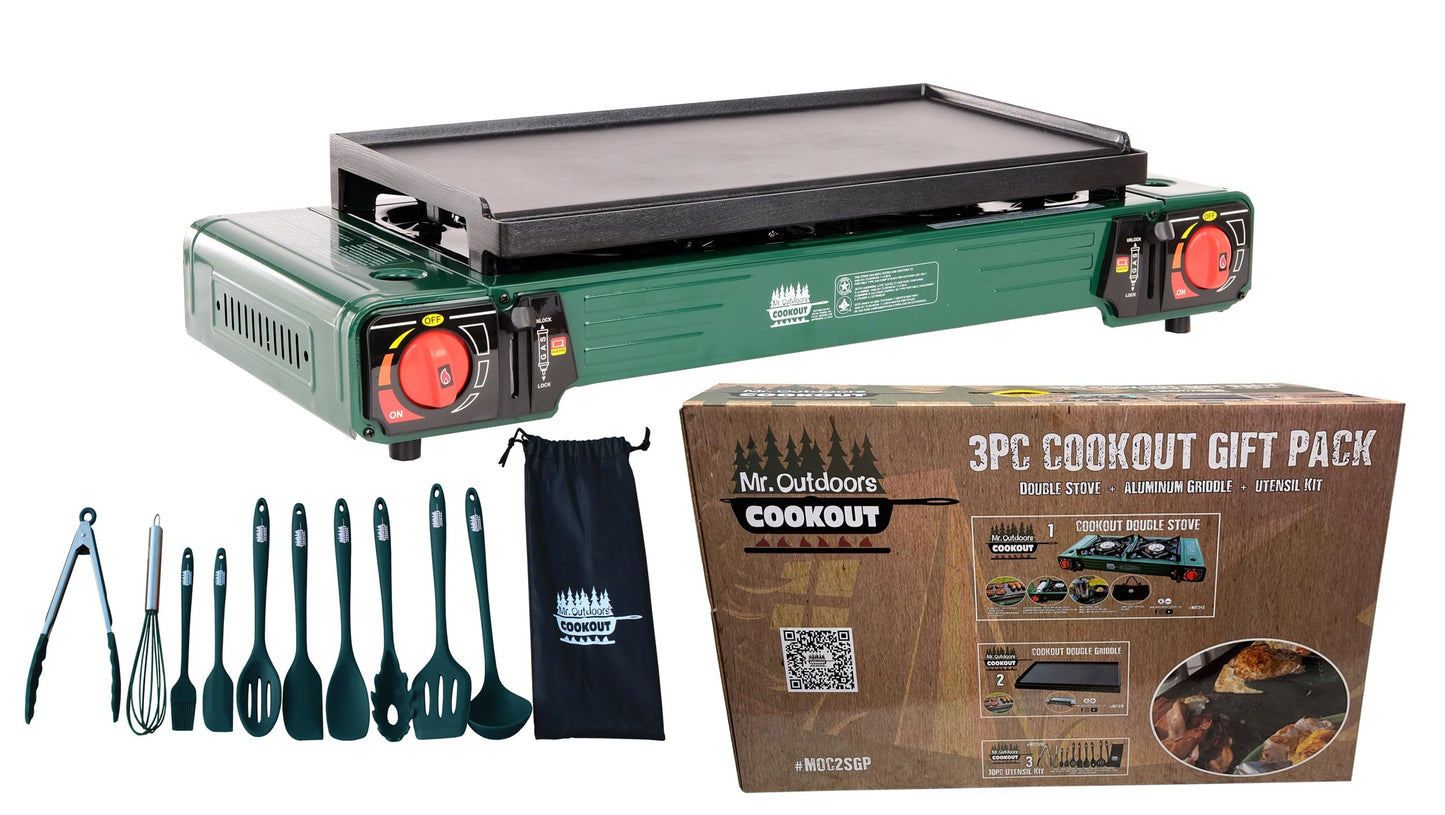 Mr. Outdoors Cookout Double Butane Stove with Carry Bag, 18 inch Aluminum Griddle, 10 piece Silicone Coated Utensil Set