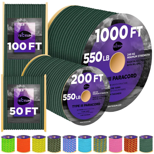 TECEUM Paracord Type III 550 Camo Green – 200 ft – 4mm – Tactical Rope MIL-SPEC – Outdoor para Cord –Camping Hiking Fishing Gear and Equipment – EDC Parachute Cord – Strong Survival Rope 011b