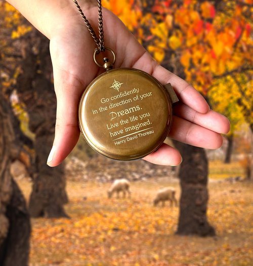 Thoreau's Go Confidently in The Direction of Dream Brass Working Sundial Compass, Engraved Compass, Compass, Compass for Husband, Valentines Day Gift, Couples Gift