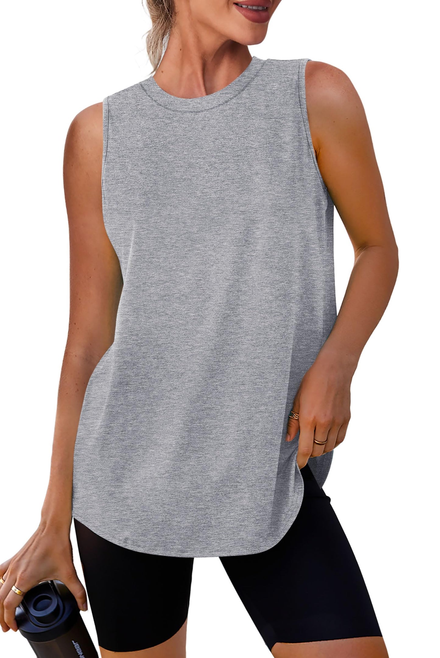 Workout Tops for Women Round Neck Tank Tops Yoga Shirts Athletic Running Tank Tops Sleeveless Gym Clothes Light Gray L