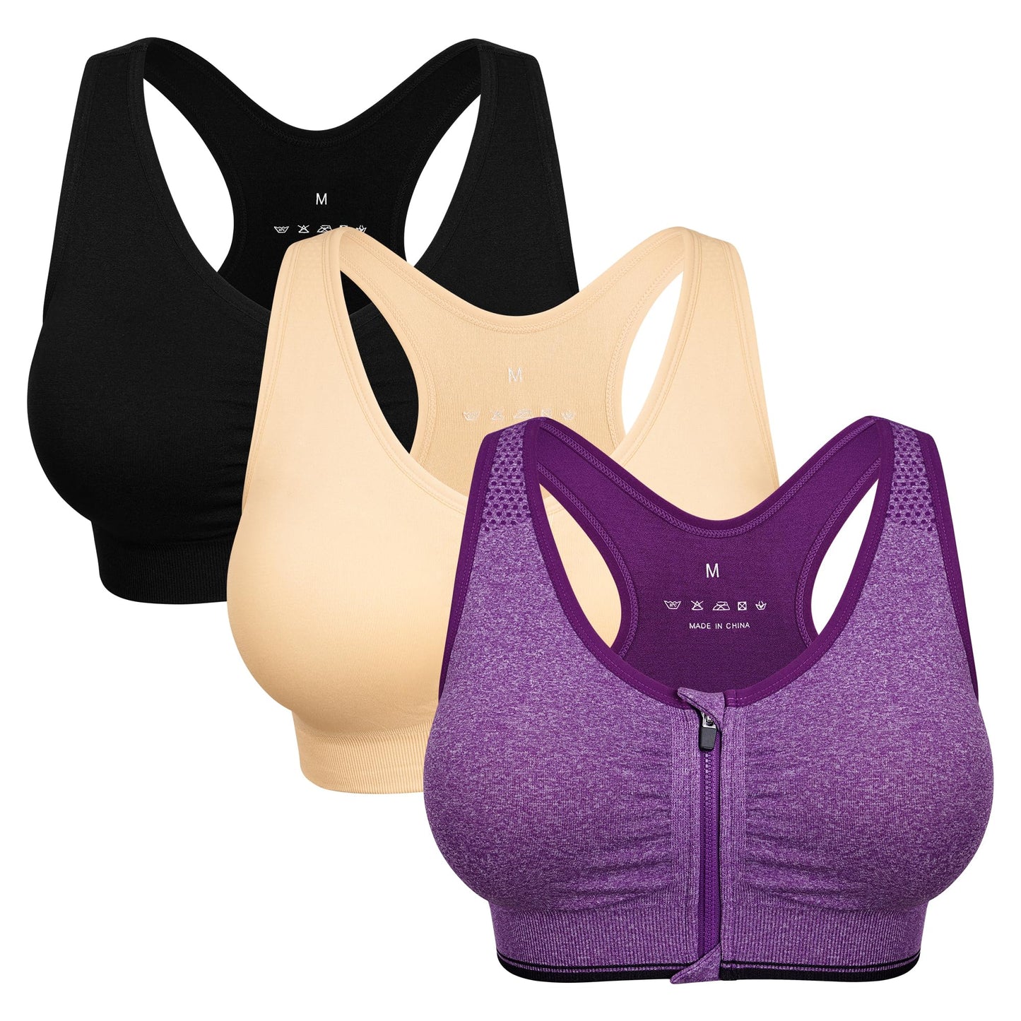 Women's Zip Front Sports Bra - Wireless, Padded, Open Front, Racerback - Comfortable Yoga & Workout Bras - Plus Size (XX-Large) 3 Pack (Black+Flesh+Purple)