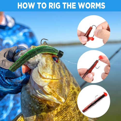 PLUSINNO Ned Worms Bass Fishing Lure Kit, 44PCS Ned Rig Worms Kit with Ring Beads, Soft Plastic Fishing Baits with Ned Rig Jig Heads, Widely for Panfish, Perch, Trout, Pike, Fishing Gifts for Men