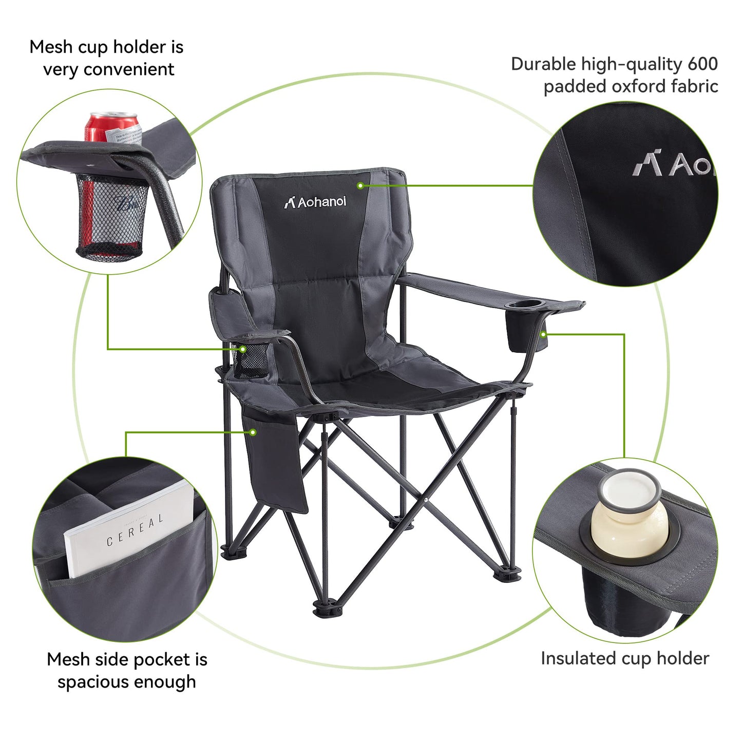 Aohanoi Oversized XL Camping Chairs for Adults, Padded Folding Camp Chair with High Back, Cup Holder & Side Pocket for Outside, Lawn, Beach, Fishing, Sports, Folding Heavy Duty Chairs, Black