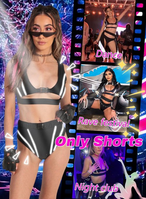 Womens Reflective Rave Booty Shorts - High Waist Thong Bottom Buckle Waistband EDC Pole Dance Pants Festival Outfit(Black,L,13172a)