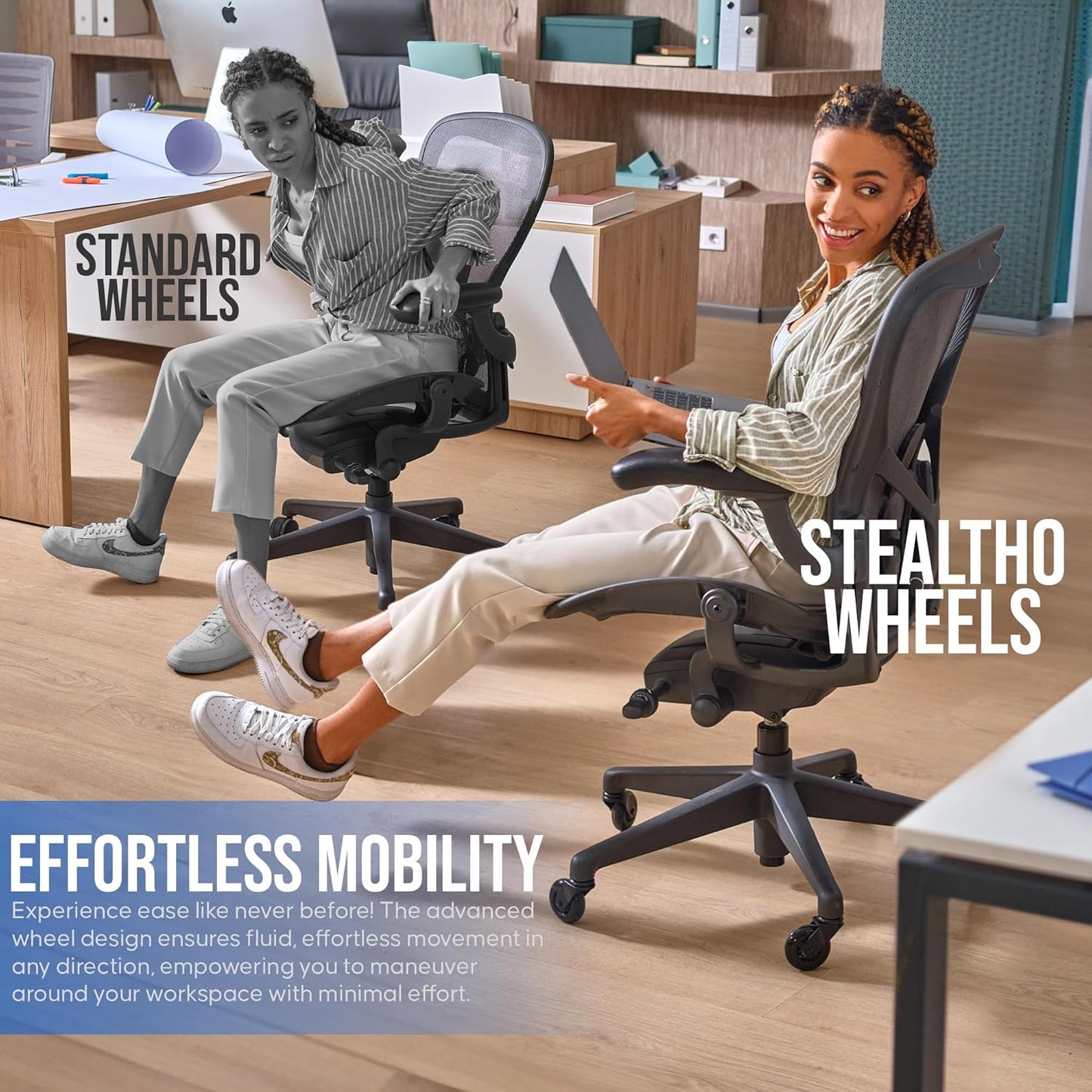 Stealtho Original Office Chair Wheels Set of 5 - Protect Hardwood Floor & Carpet - Heavy Duty Replacement Casters - Black Soft Polyurethane - Standard Fit 7/16" x 7/8"