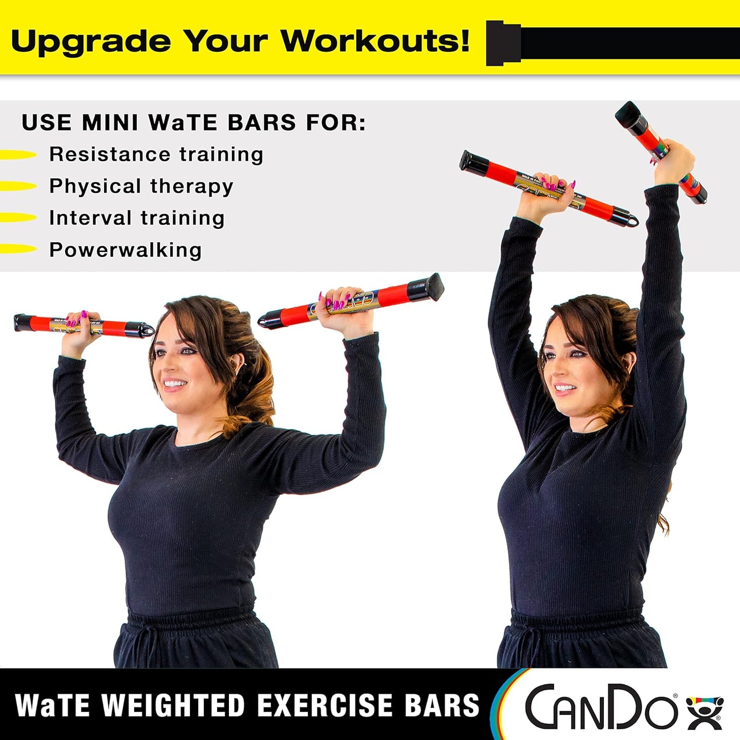 CanDo Mini WaTE Bars -2 Piece Set, 3lb Black, Total Body Workout Weighted Exercise Bar for Strength Training, Toning, and Physical Therapy