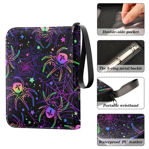 Halloween Spiders on Web Card Binder 4 Pocket Zipper PU Trading Card Album Fits 400 Game Cards 50 Removable Sleeves Card Folder Collection for Baseball MTG TCG Sports Cards
