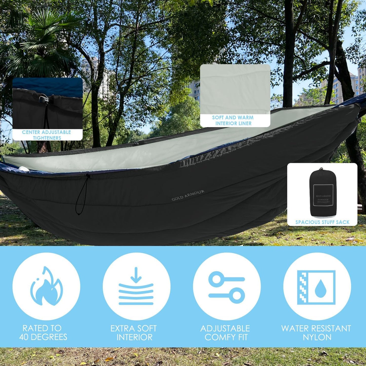 Gold Armour Hammock Underquilt for Single Hammocks and Double Hammocks, Insulated Warm Underquilt - Essential Camping Equipment Gear Under Quilts for Hammock (Black&Grey)