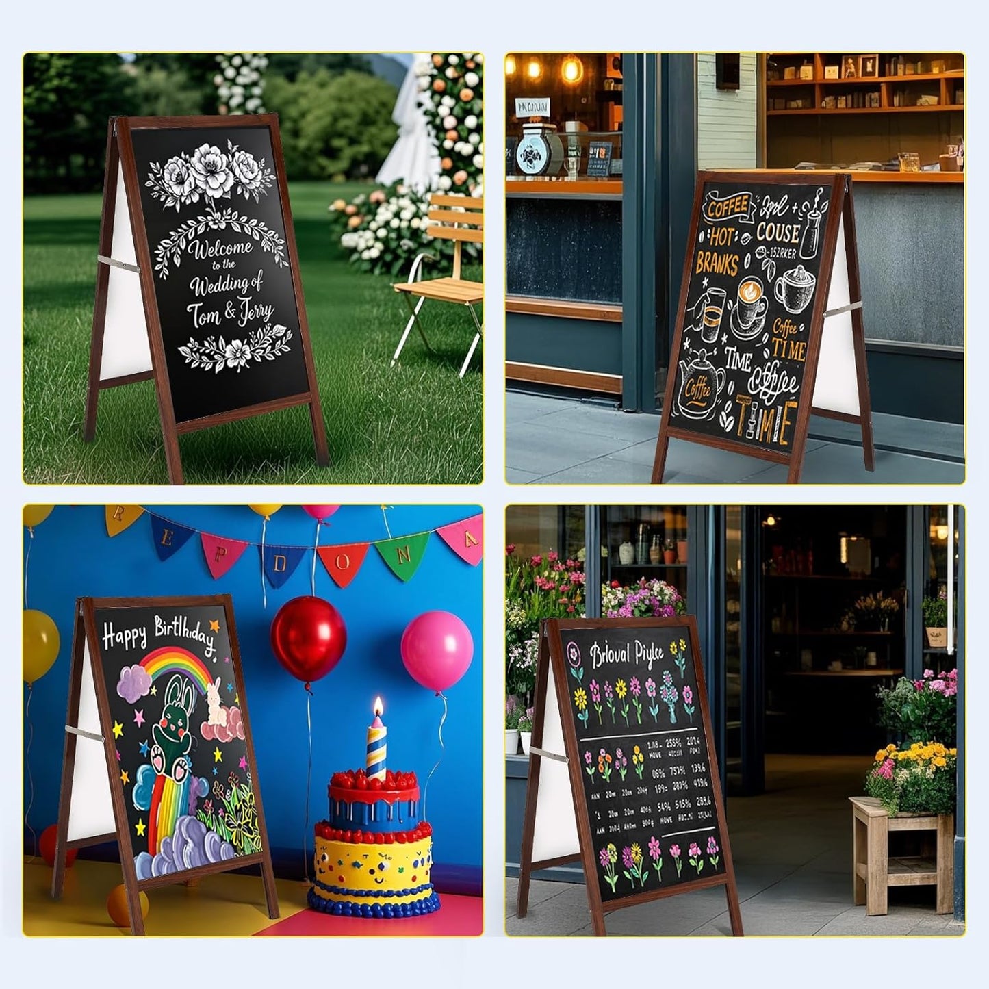 A Frame Sign Chalk Board, Aluminum Alloy Wood Grain Chalkboard, Double Sided Magnetic Blackboard with Liquid Chalk Markers, Suitable for Pubs/Restaurants/Coffee Shops/Birthdays/Parties/Wedding