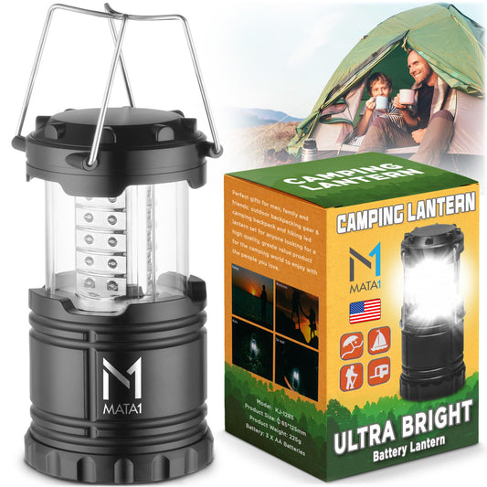 Mata1-USA LED Camping Lantern (Black), Emergency Light for Power Outages, Long-Lasting Battery-Powered Light w/ 3 Adjustable Brightness Levels, Collapsible Lamp for Indoor & Outdoor Use