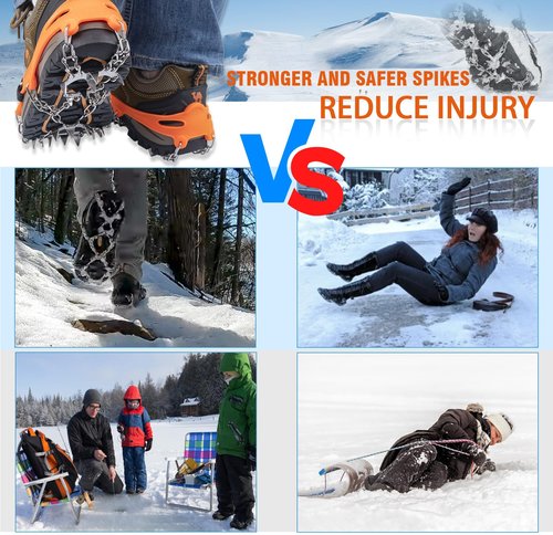 Crampons, Ice Cleats for Shoes and Boots, Traction Snow Grips, Anti Slip 19 Stainless Steel Spikes Safe Protect for Women Men Kids Hiking Climbing (Orange, XL)