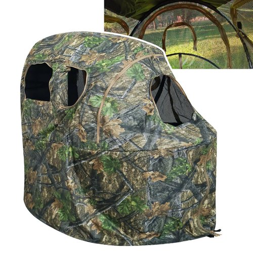 See-Through Hunting Ground Blind with Built-in Chair for Deer Hunting - 1 Person Pop-Up Camouflage Tent