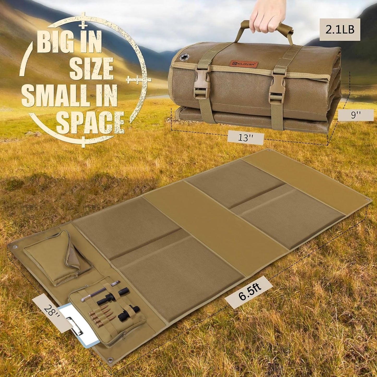 IC ICLOVER Shooting Mat, Tactical Prone Padded Shooting Mats, with 2 Pockets & Molle Webbings & Bipod Holder, Extra Large Non-Slip Waterproof Foldable Pad Blanket for Long Range Rifle Shooting Hunting