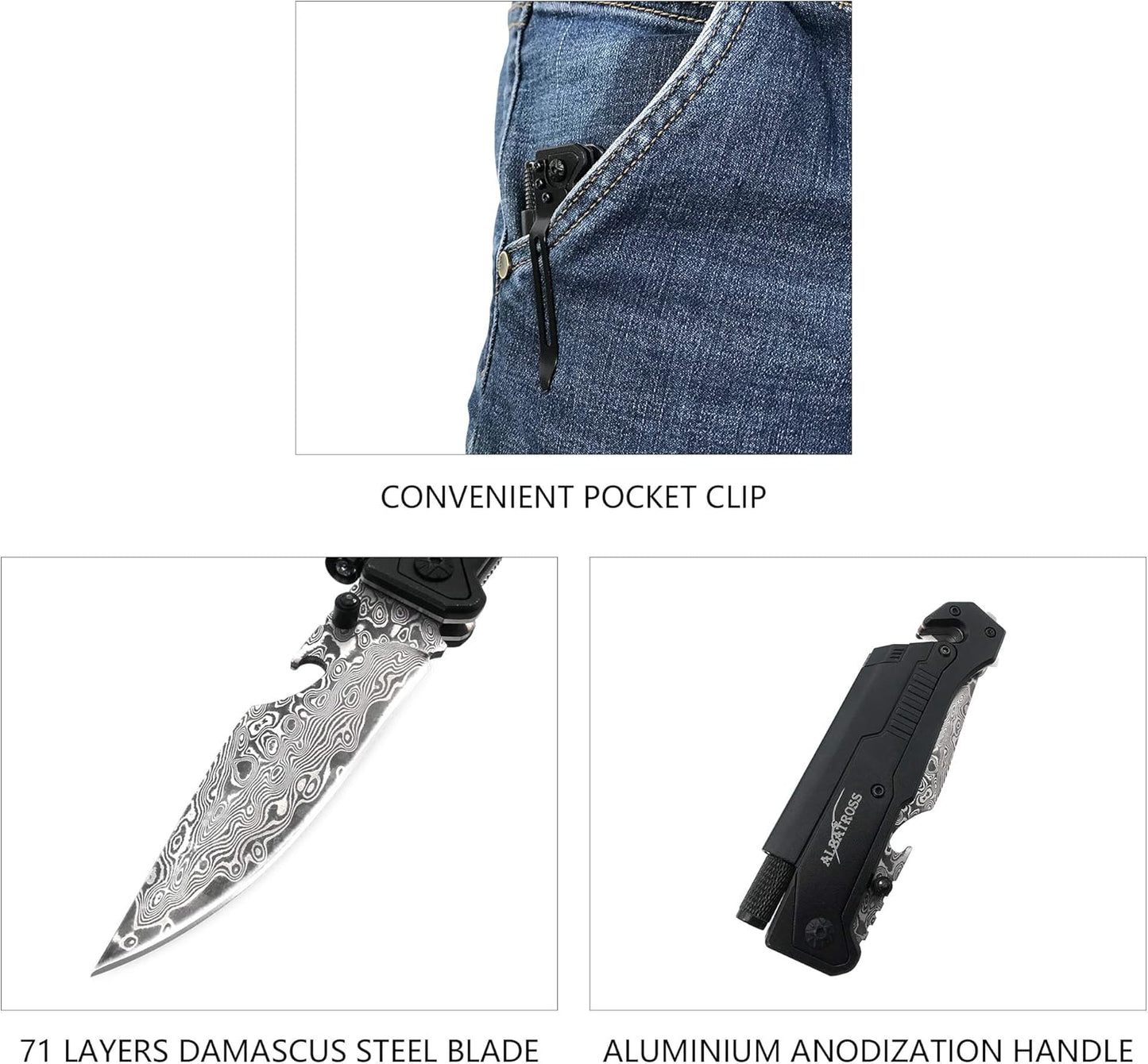 ALBATROSS 6-in-1 Survival Tactical Military Folding Pocket Knives with LED Light,Seatbelt Cutter,Glass Breaker,Magnesium Fire Starter,Bottle Opener;Multi-Function Emergency Tool(Black)