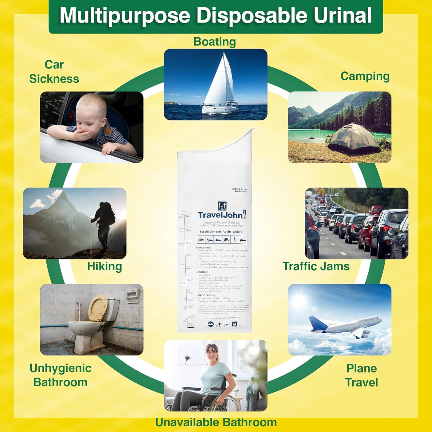 Disposable Urinal for All Genders, Adults, and Children (18 Pack) Designed for Emergencies, Travel, Camping, Car Rides, and more (TJ1A-C)