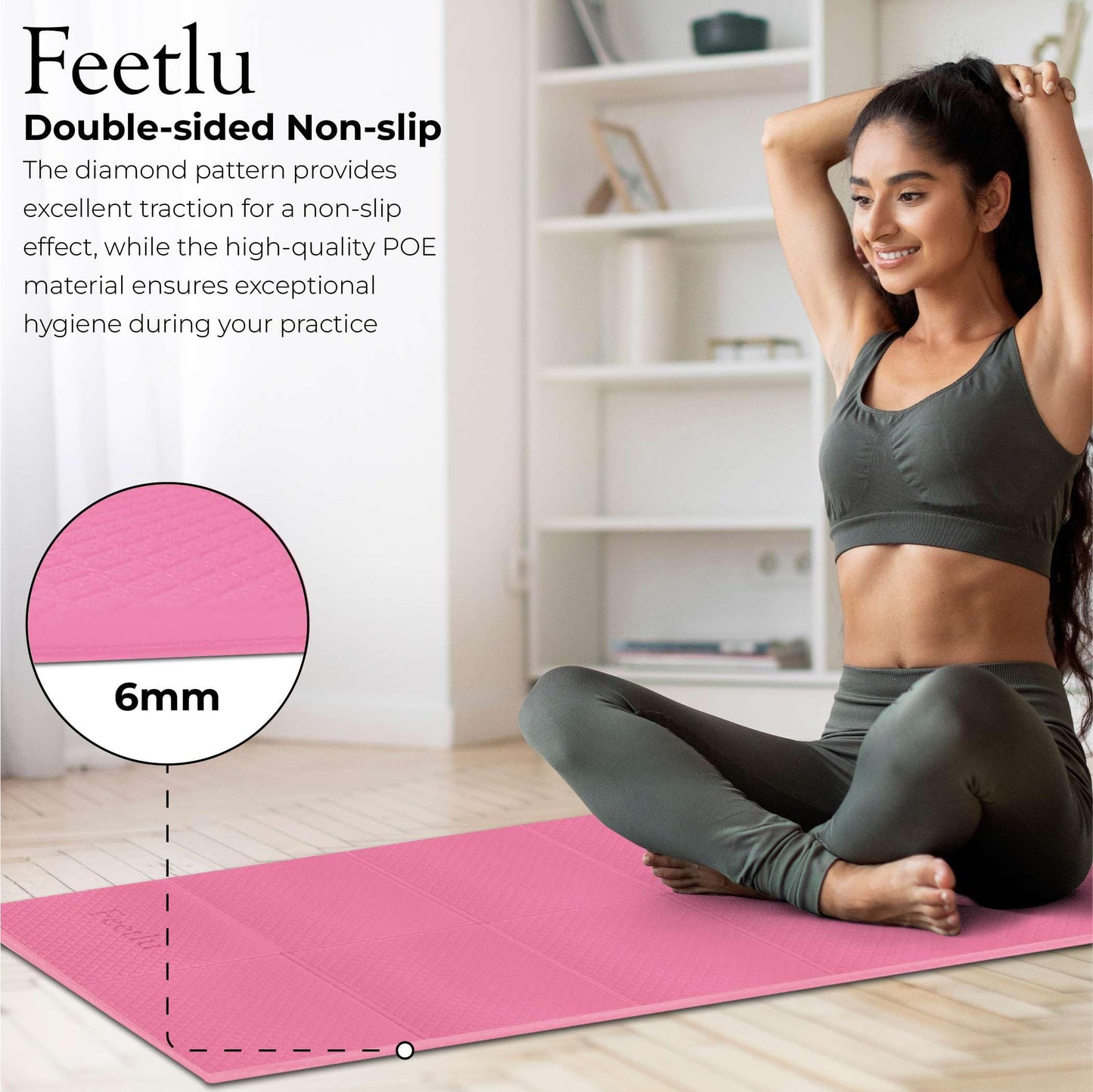 Feetlu Foldable Yoga Mat, 6mm Thick, Lightweight, Anti-Slip, and Easy to Store – Perfect for Travel, Yoga, Pilates, Home Workouts, and Floor Exercises