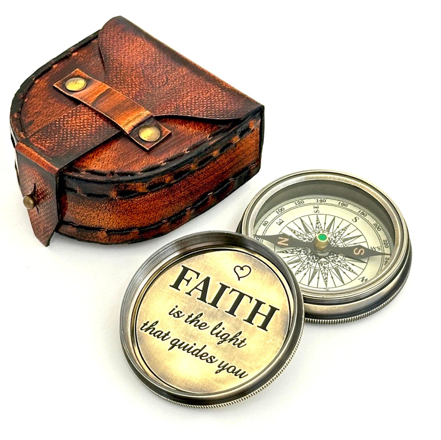 Faith Compass – Inspirational Gift for Men & Boys | Christian Baptism, Communion, Confirmation, or Graduation Present | “Faith is The Light That Guides You” Engraved | Leather Case