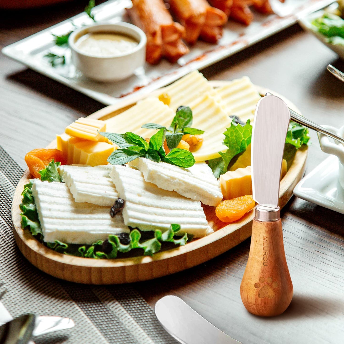 Mlurcu Stainless Steel Vertical Knife Set, 4 PCS Acacia Wood Handle Charcuterie Accessories for Butter, Cheese, Fruit, Jam, Ideal Kitchen Baking and Party Picnics Gifts