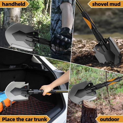 Survival Camping Shovel Multifunctional Folding Shovel Heavy Duty Alloy Steel Tactical Shovel with Saw for Hiking, Backpacking,Hunting,CarEmergency,Snow,Camping,Gardening, Outdoor Emergency (HS003)