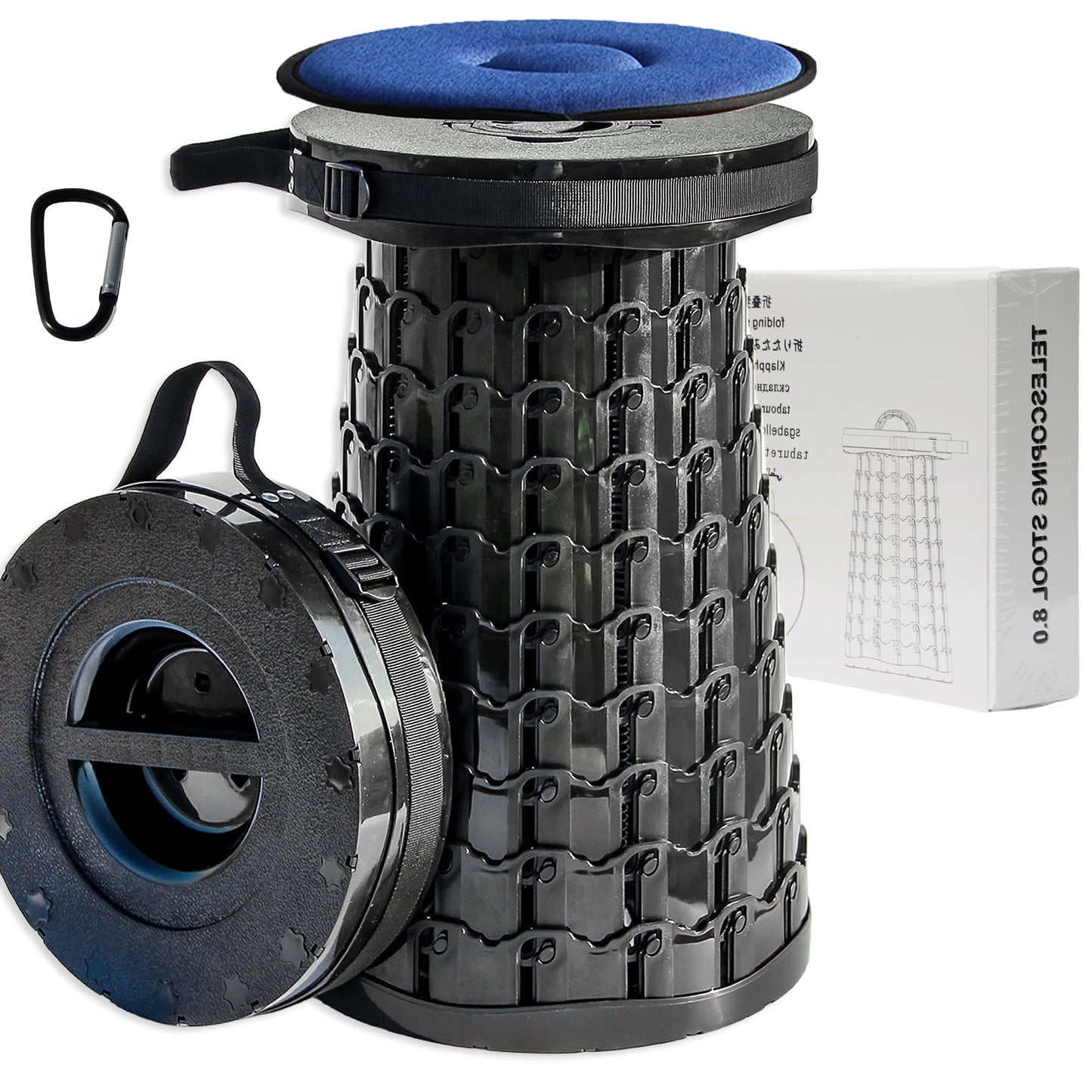 ALEVMOOM 2025 XXL 19.7" Collapsible Stool with Cushion, Capacity 1000lbs Portable Stools for Adults Heavy Duty, Adjustable Height Telescoping Folding Stool, for Outdoor Camping Travel Hiking Fishing