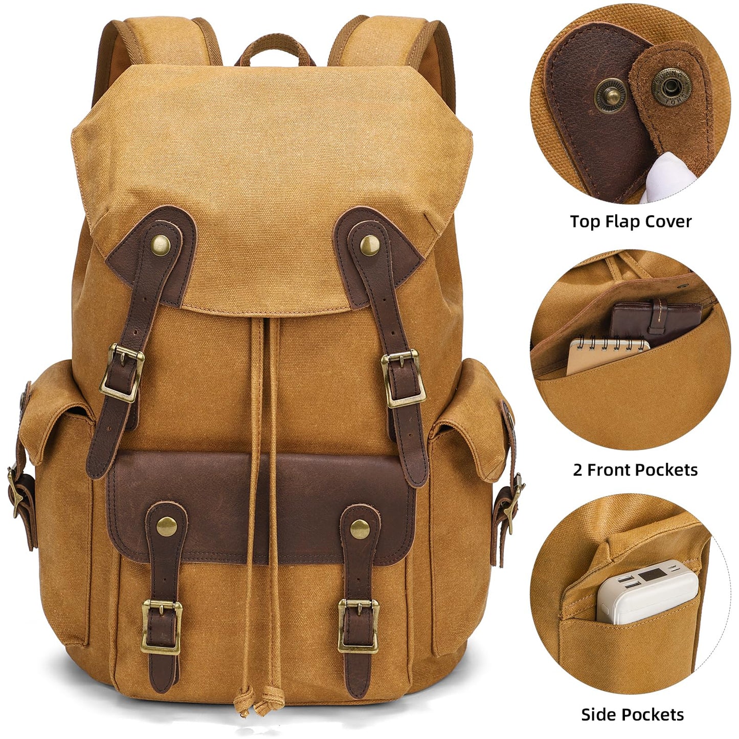 Beeaoo Canvas Backpack Mens Casual Daypack Vintage Travel Rucksack with Leather Trim