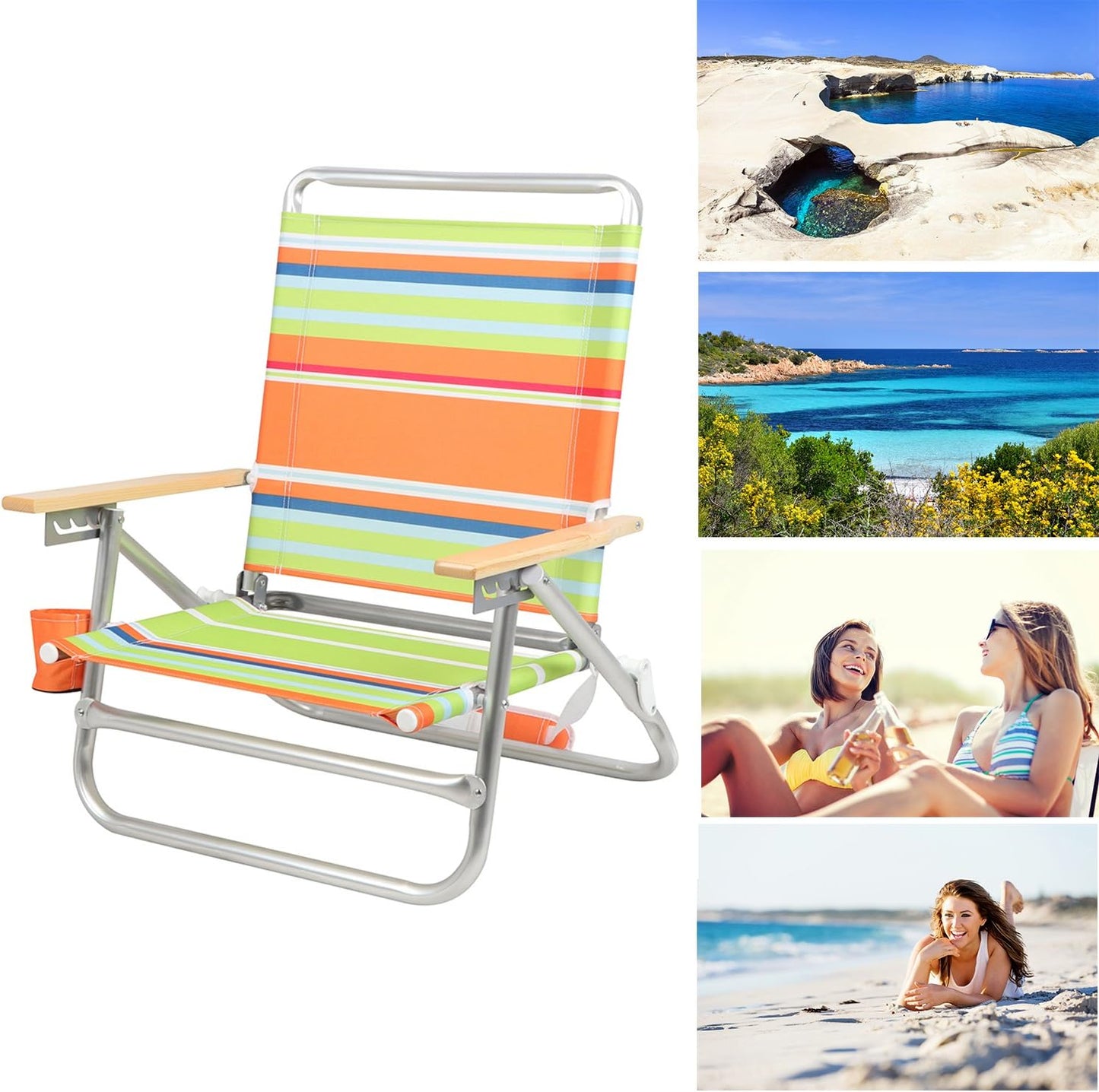 PORTAL Folding Camping Sand Beach Chair, Aluminum Lightweight 4 Positions Chair Recliner with Wood Armrest Cup Holder Carry Strap