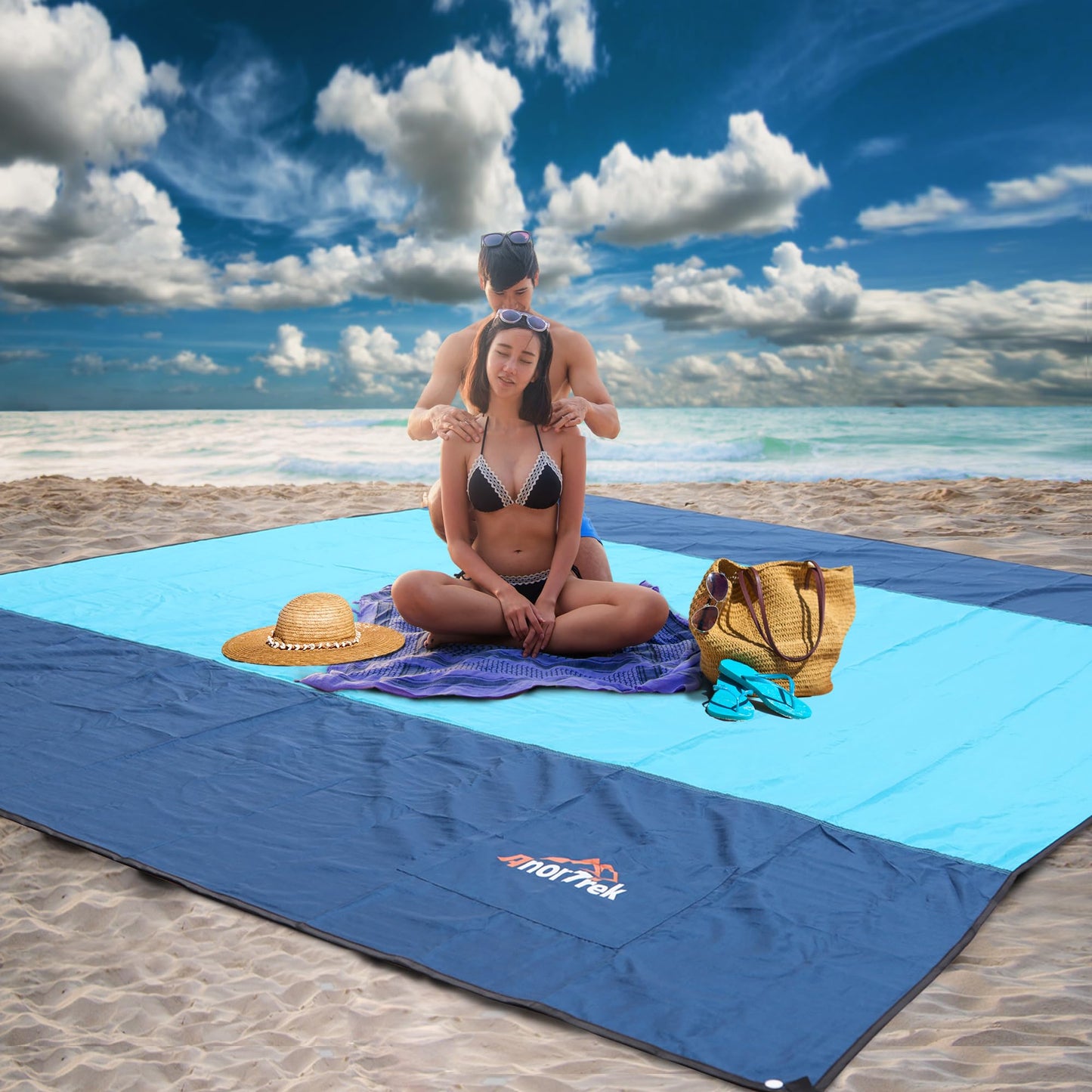 AnorTrek Beach Blanket Sandproof, Extra Large Beach Mat, Sand Free Mat Quick Drying, Lightweight, Soft & Durable Mat for Beach, Yard (Dark Blue & Blue, 10 x 10 FT (1～9 Person))