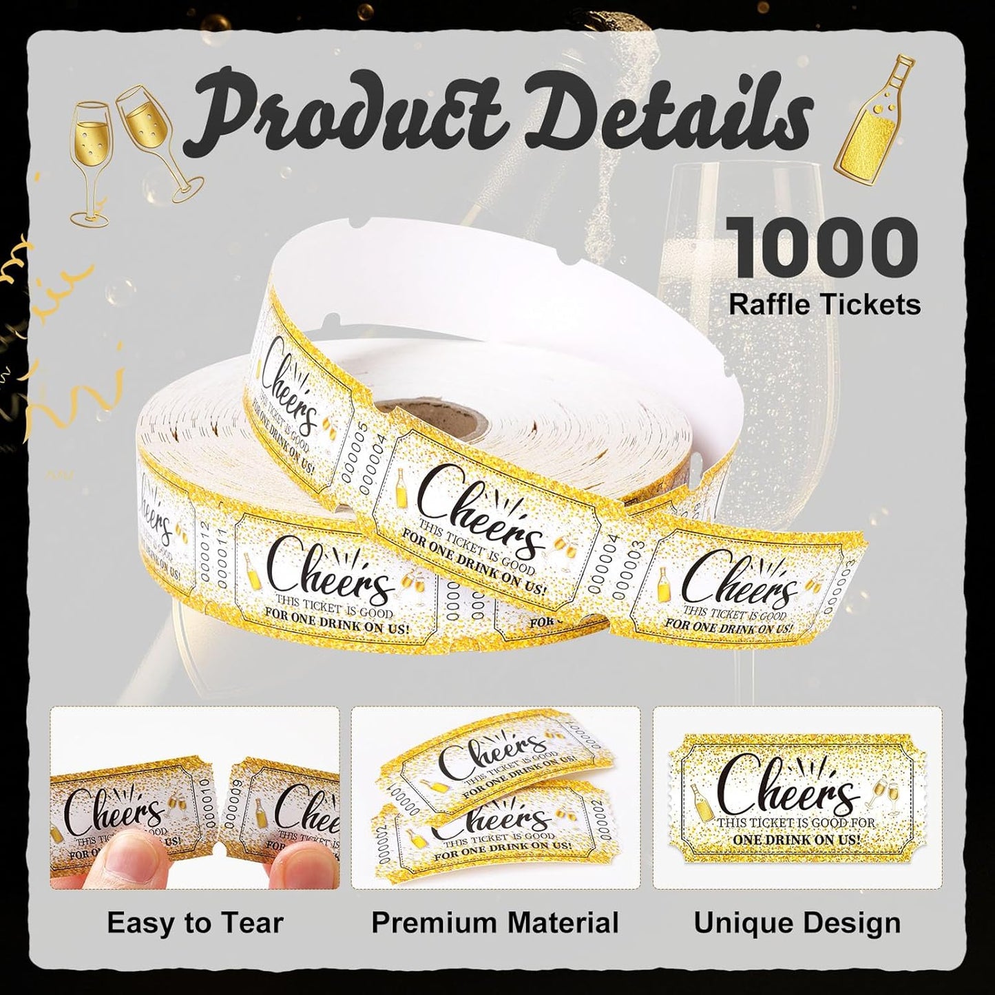 1000 Pcs Drink Ticket Single Raffle Tickets Roll Cocktail Design Free Drink Ticket for Events Wedding Work Formal Parties Leisure Class Reward