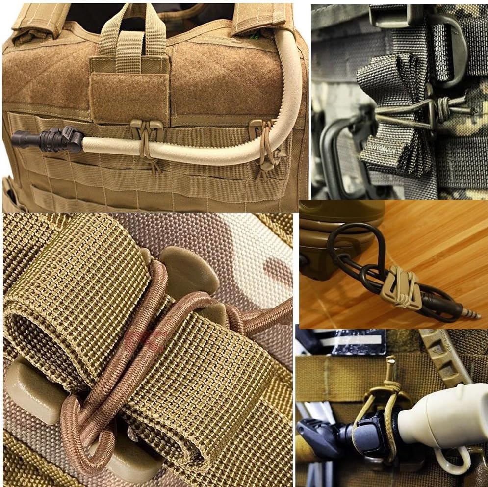 Jadedragon Multipurpose Tactical 360 Rotation D-Ring Clips/Locking Carabiner/Hydration Tube Clips/Elastic String Strap Management Tool for MOLLE Webbing Attachment Backpacks