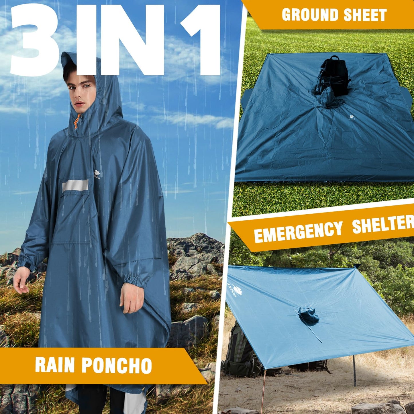 ANYOO Hooded Rain Poncho for Adults with Pocket, Waterproof Lightweight Rain Coats for Men Women Reusable Rain Jacket for Emergency Camping Outdoor Activities
