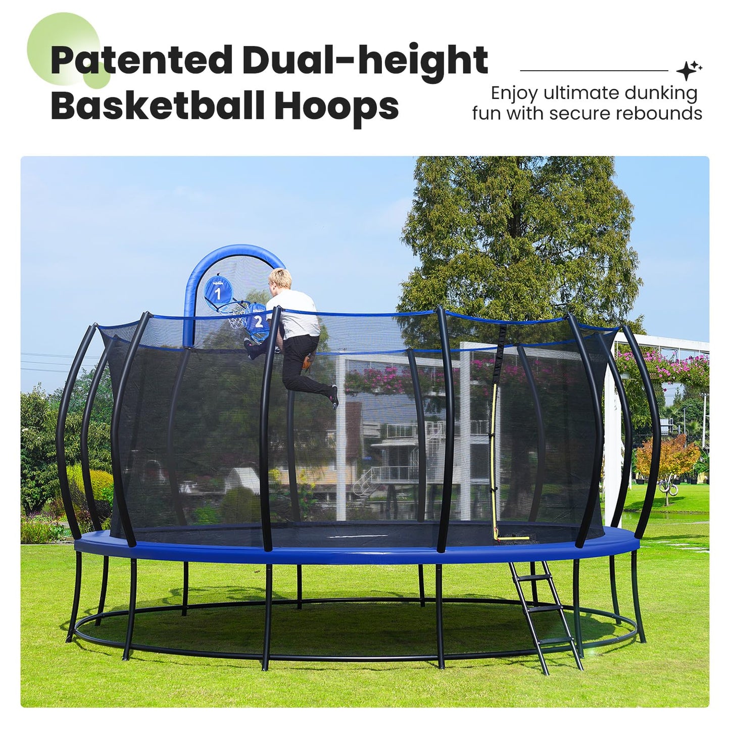 Zupapa 1800LBS Capacity No-Gap Design 16 15 14 12 10FT Trampoline with Safety Enclosure Net and Non-Slip Ladder 10-Year Quality Assurance Perfect for Kids Family Outdoor Backyard Fun