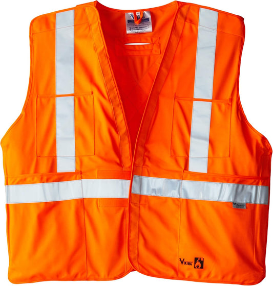 Viking FR Hi Vis Orange Safety Vest - Fire Resistant Class 2 Reflective Vest with Pockets, ANSI/ISEA and CSA Compliant