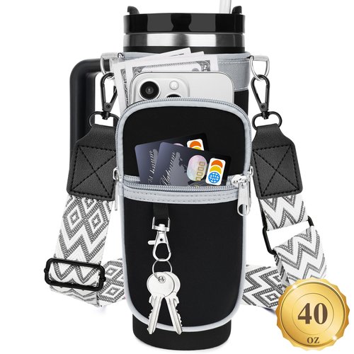 Water Bottle Carrier Bag with Canvas Shoulder Strap for Stanley 40 oz Tumbler with Handle, Water Bottle Holder Pouch with 6.7'' Phone Pocket for Stanley Cup Accessories, Birthday Gifts for Men Women