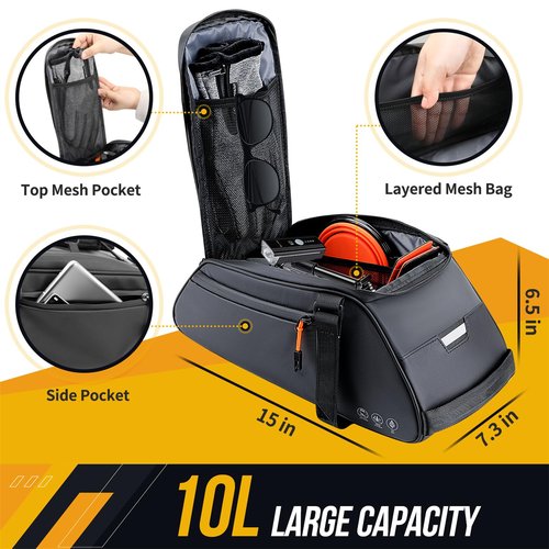 WOTOW Bike Rack Bag Waterproof - 10L Large Capacity Bike Trunk Bag, Reflective Bicycle Saddle Panniers, Cycling Bag Back Seat Storage Cargo Carrier Pouch with Shoulder Strap & Hook (10L)